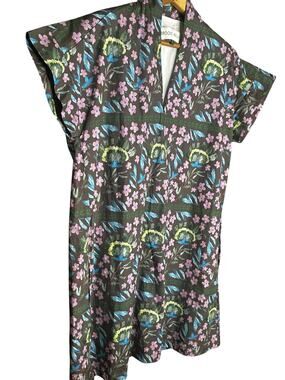 Brooke Wright Tunic Dress Brown Floral Print Short Sleeve Split Neck Size L
